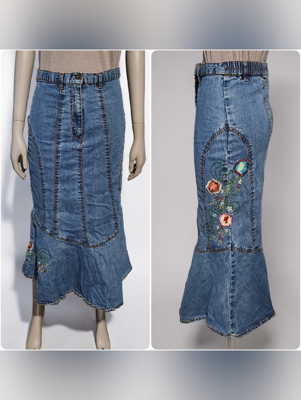 Vintage Studio West Denim Embroidered Midi Jean Skirt Mermaid Womens S 4/6 Boho